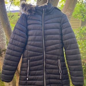 Long, black winter coat with fur on hood size L